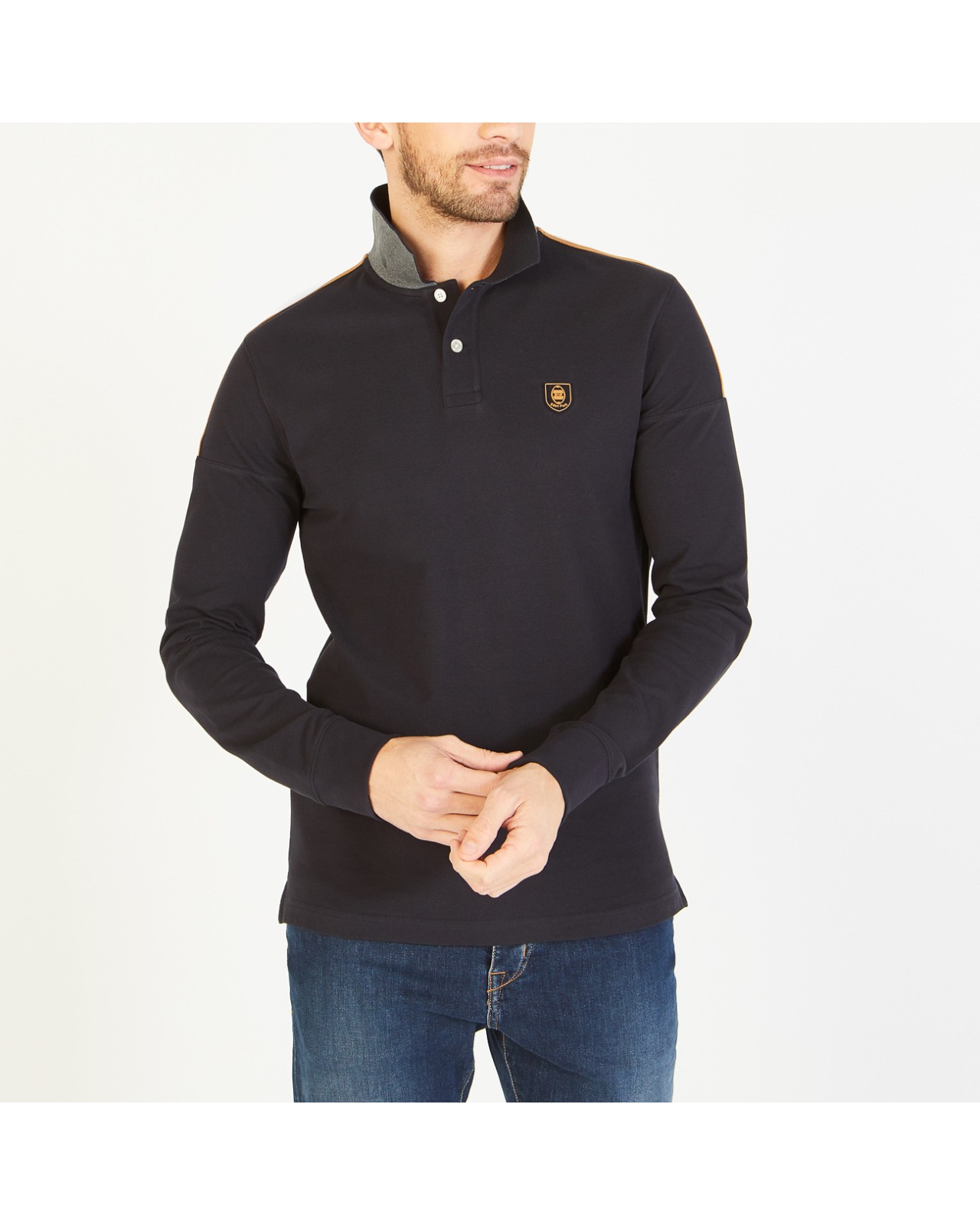 Polo manches longues piqué chiné Eden Park grande taille bleu marine