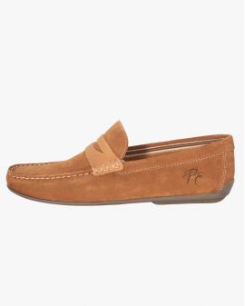 Mocassin en daim bimatière grande taille camel