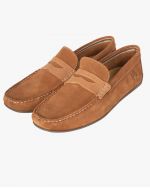 Mocassin en daim bimatière grande taille camel