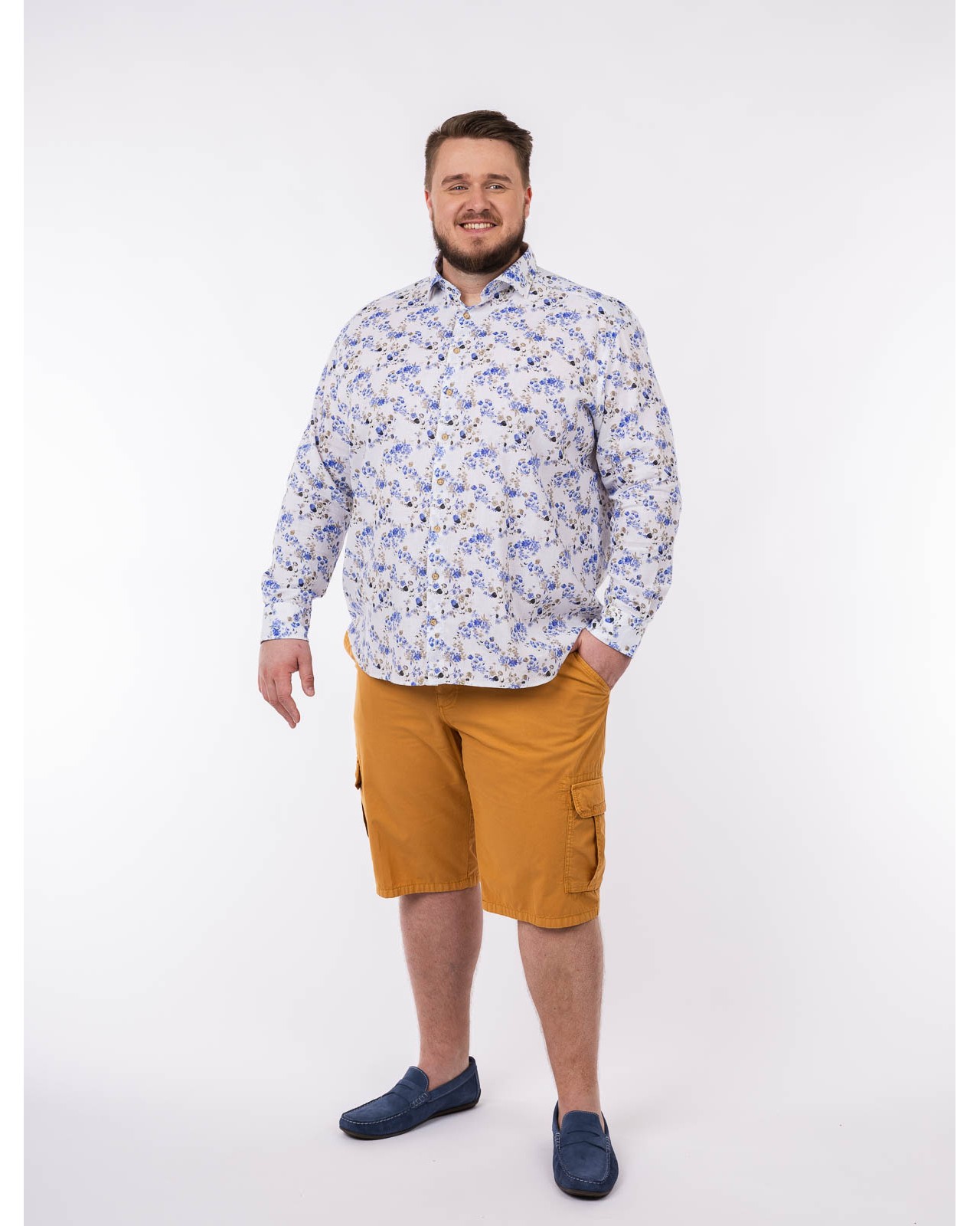Chemise en coton lin grande taille bleu