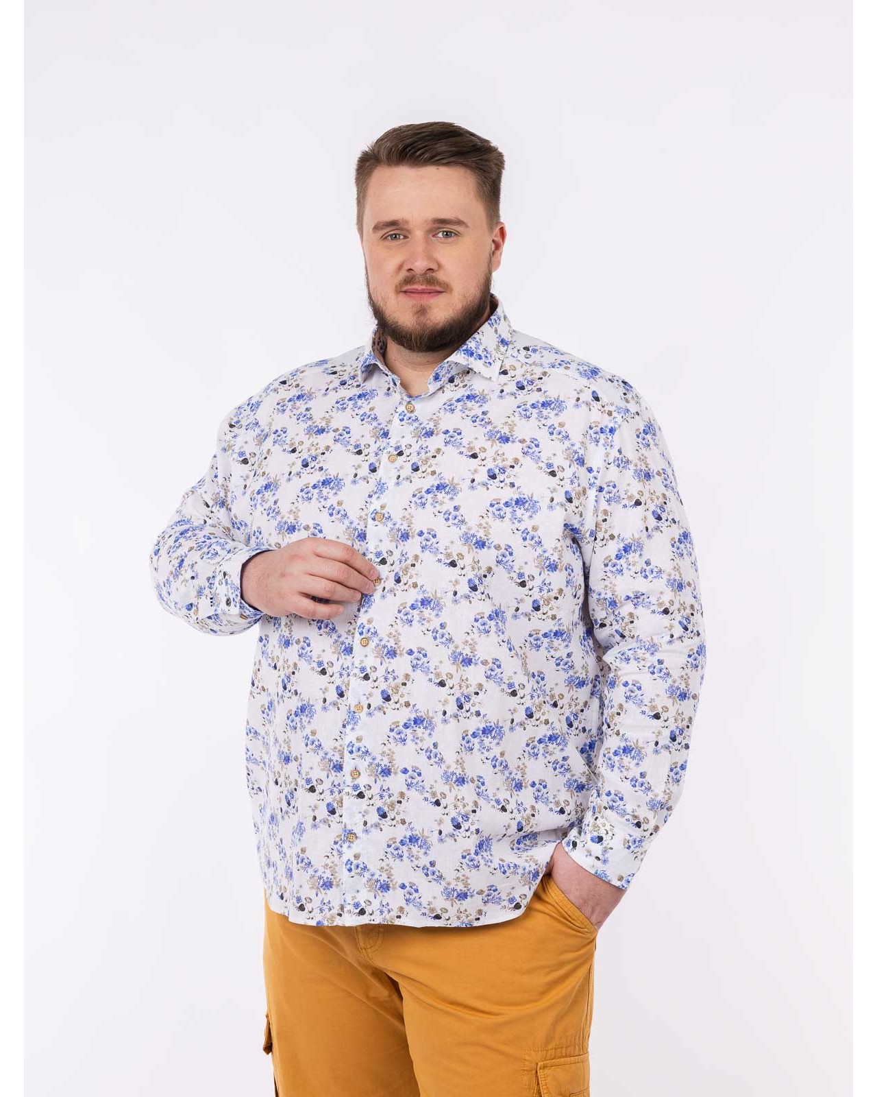 Chemise en coton lin grande taille bleu