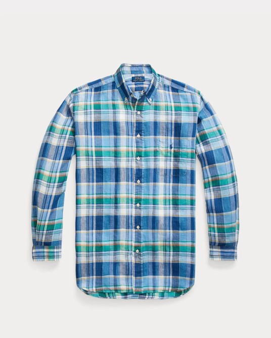 Chemise en lin à carreaux grande taille bleu