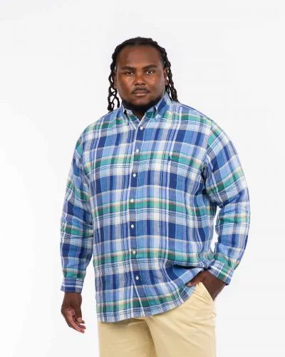 Chemise en lin à carreaux grande taille bleu