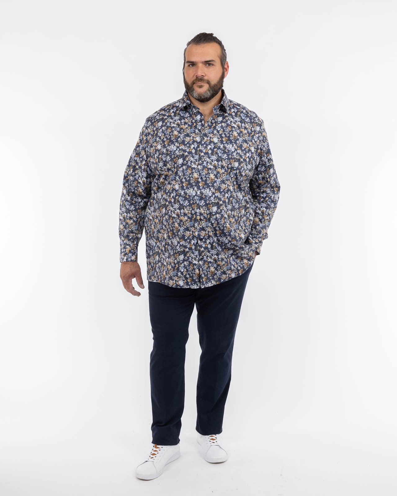 Chemise fleurie facile à repasser grande taille bleu