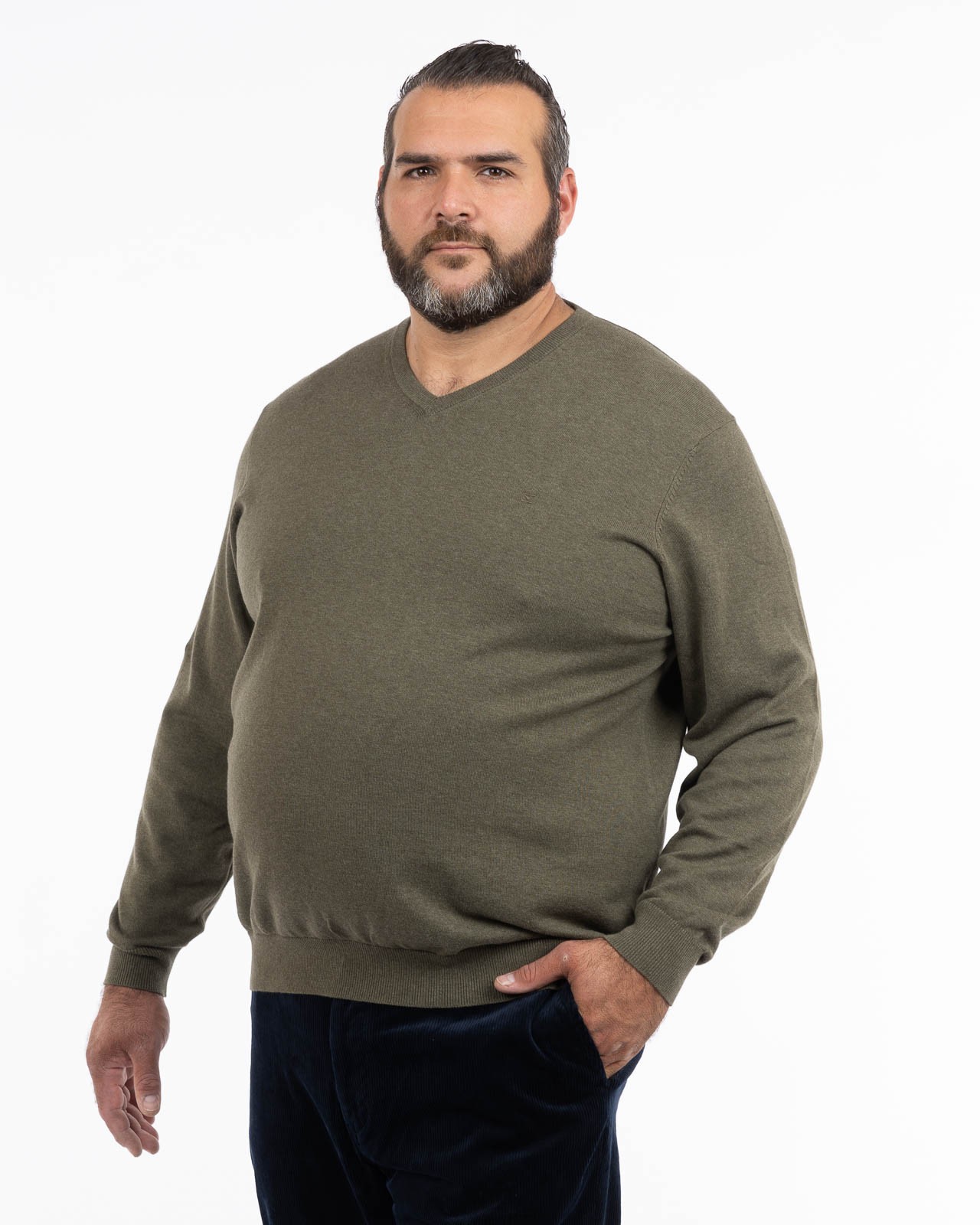 Pull col V en pima coton grande taille vert kaki