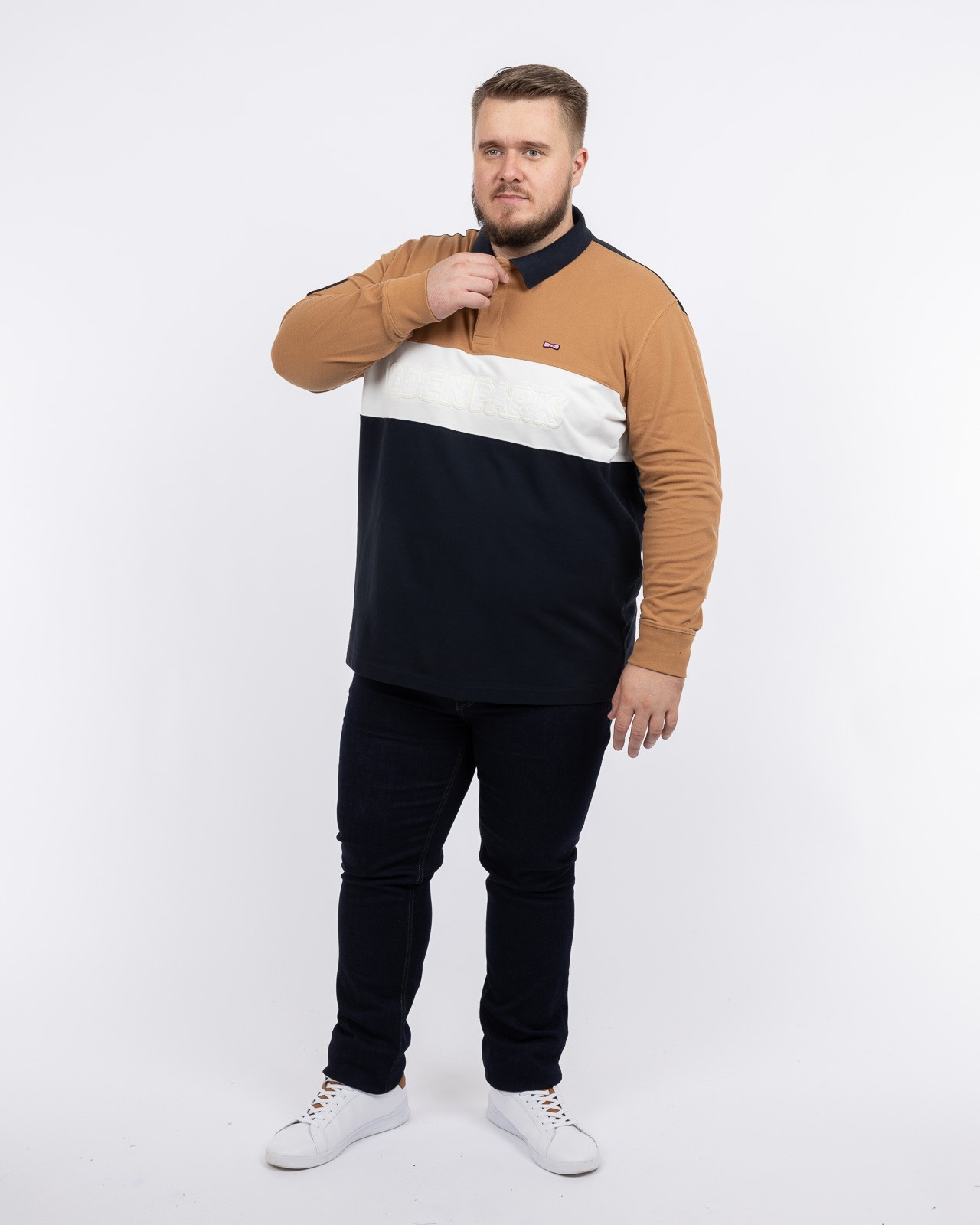 Polo manches longues piqué color block grande taille marron