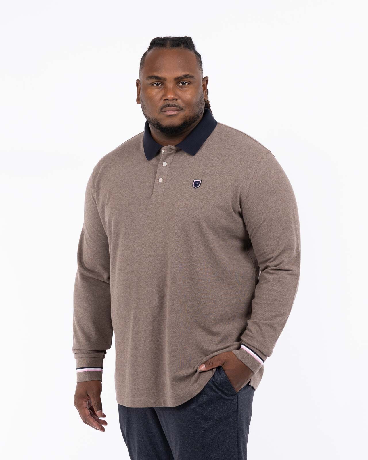 Polo manches longues piqué grande taille marron