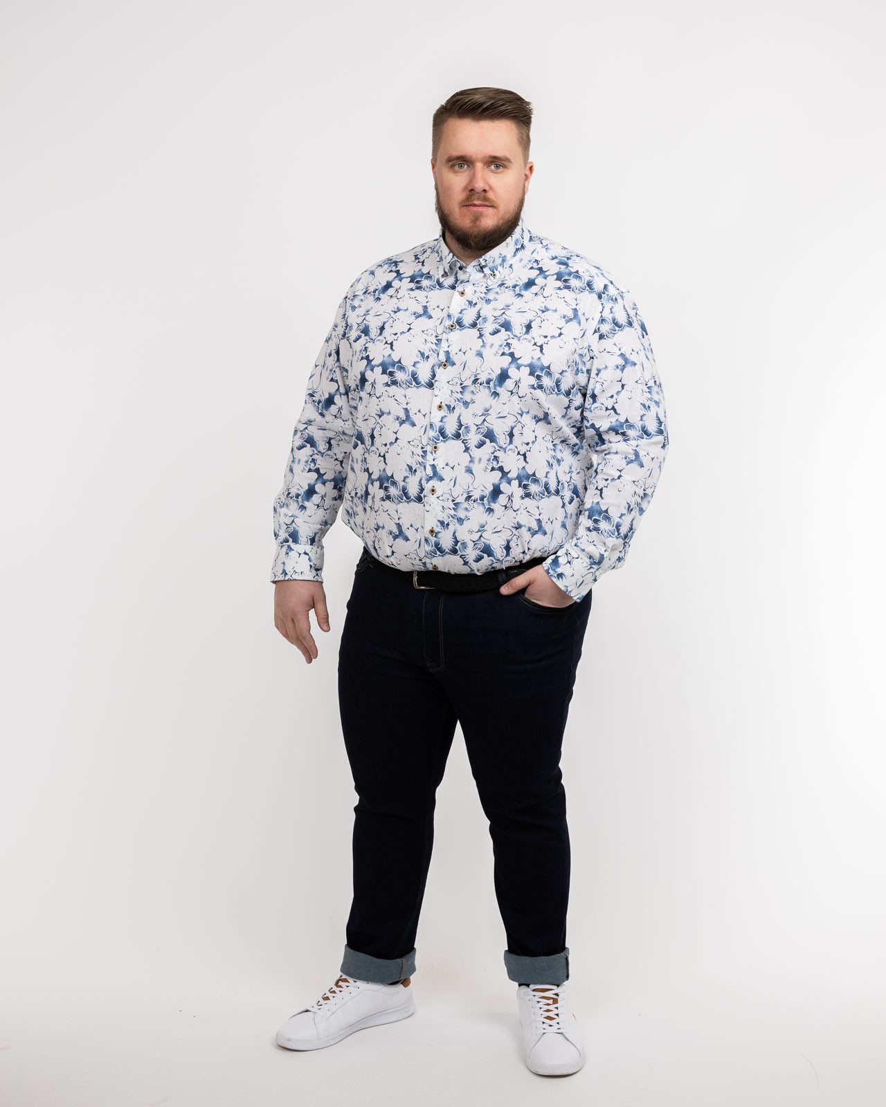 Chemise en coton et lin grande taille bleu