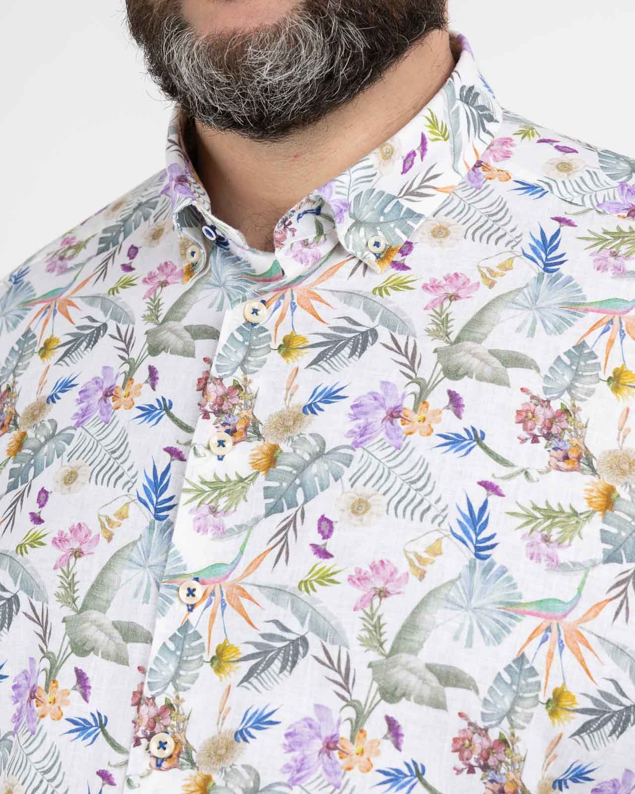 Chemise en coton et lin fleurie grande taille vert