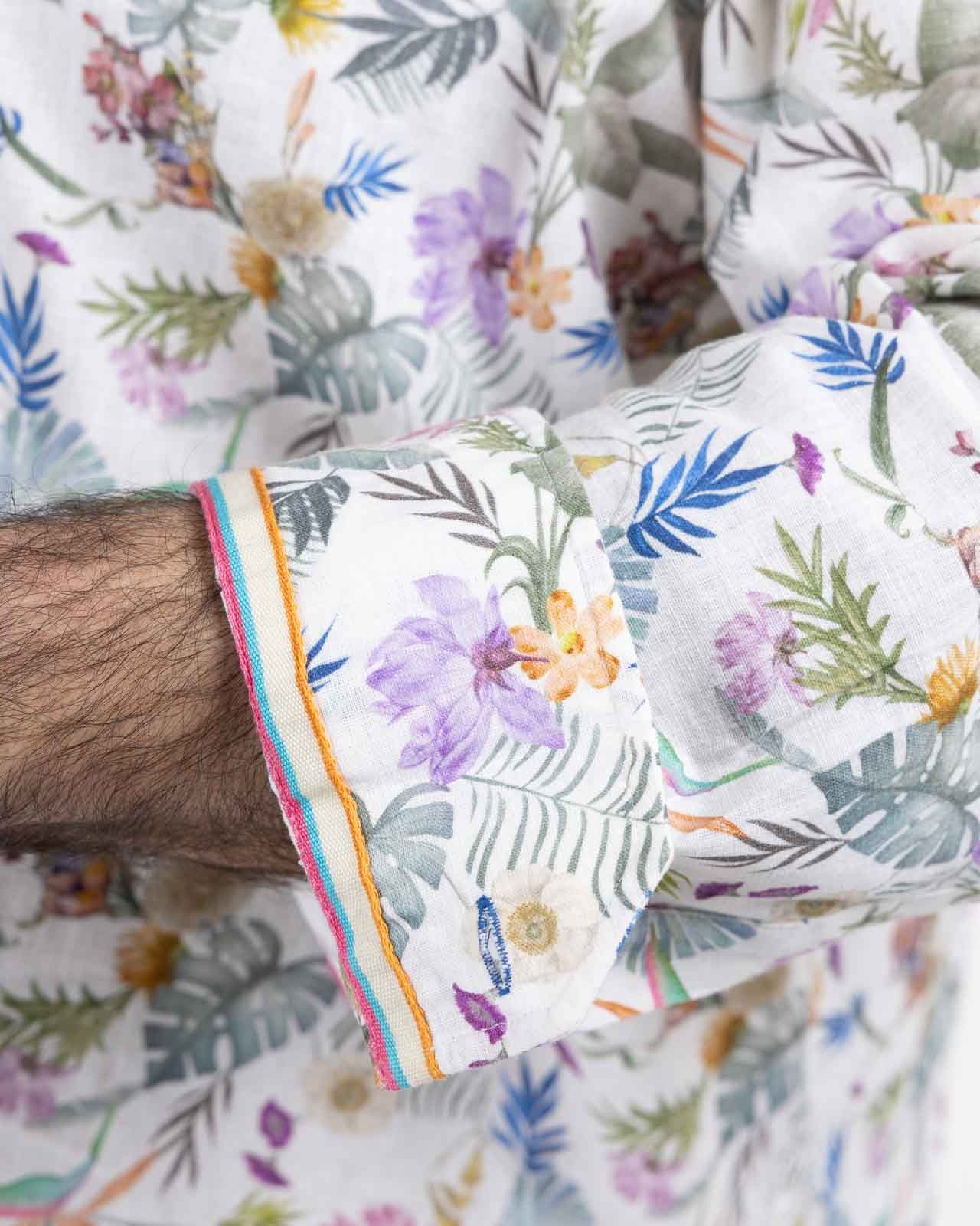 Chemise en coton et lin fleurie grande taille vert