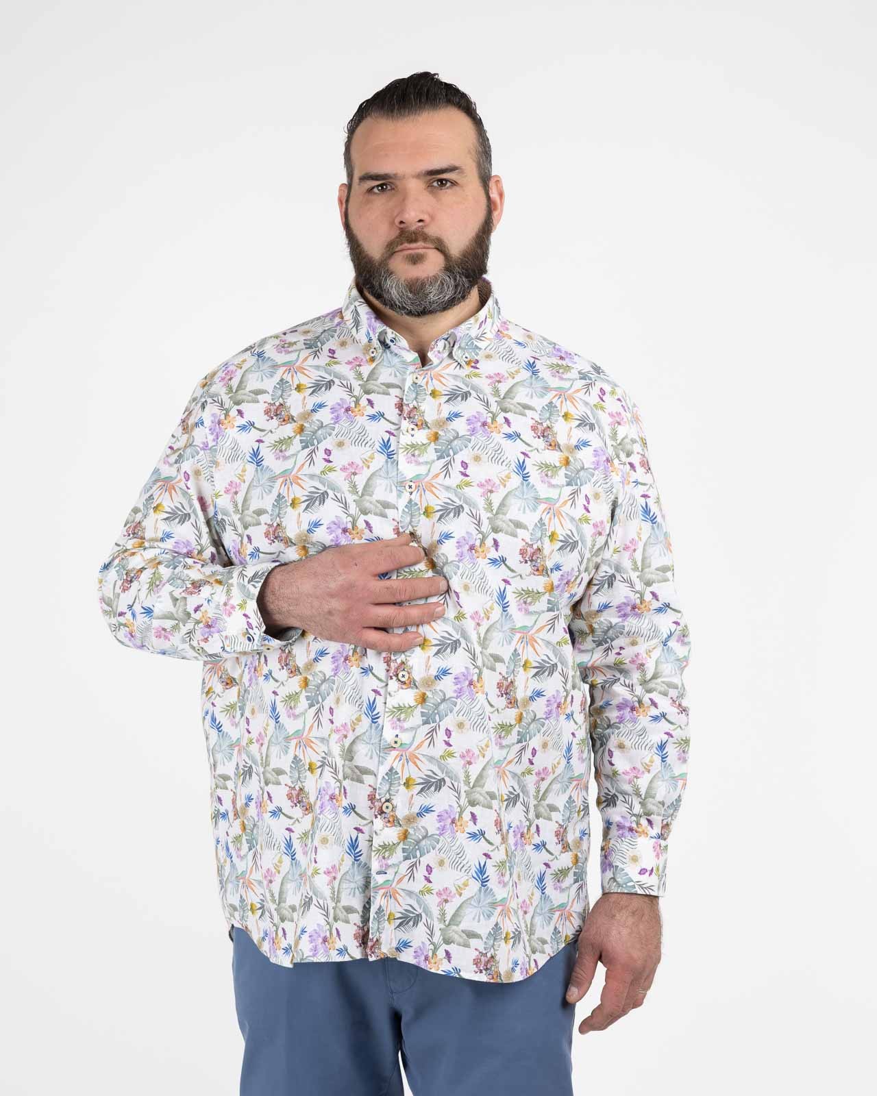 Chemise en coton et lin fleurie grande taille vert