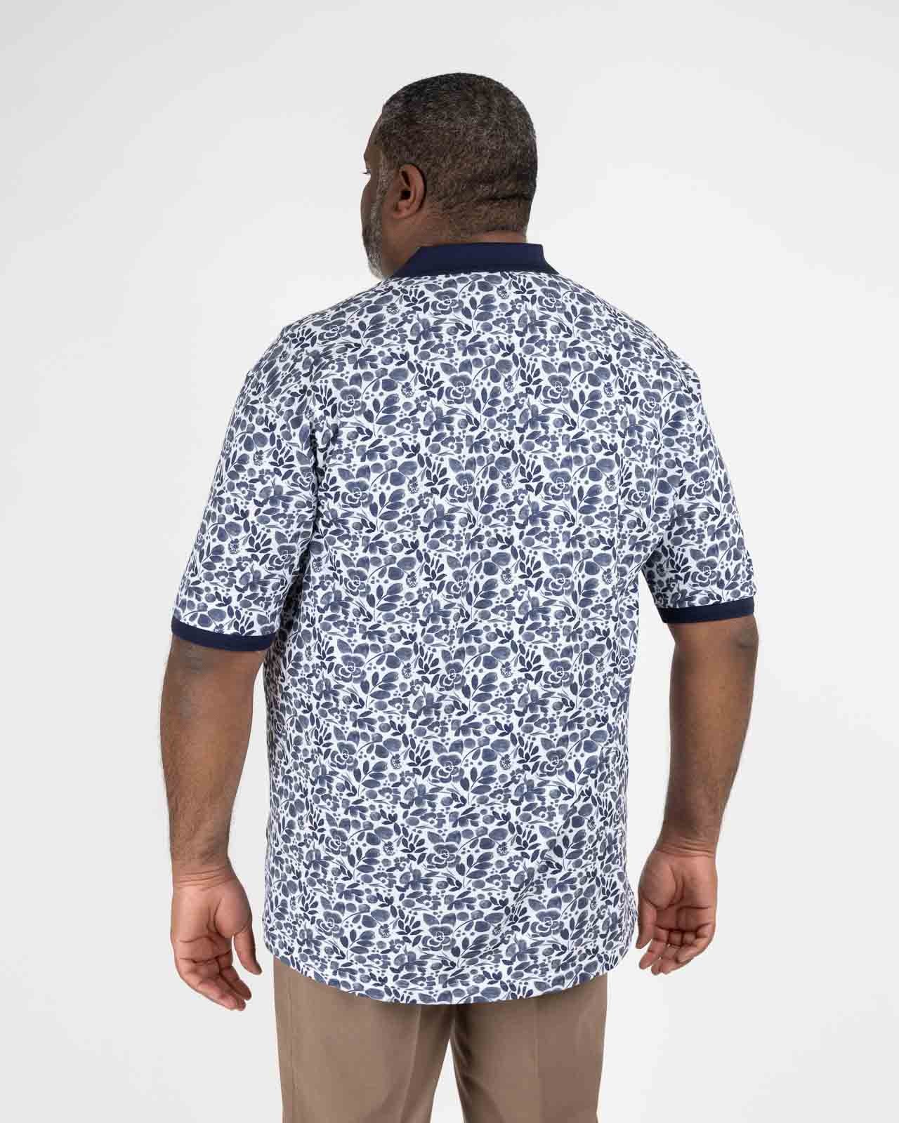 Polo piqué fleuri grande taille bleu indigo
