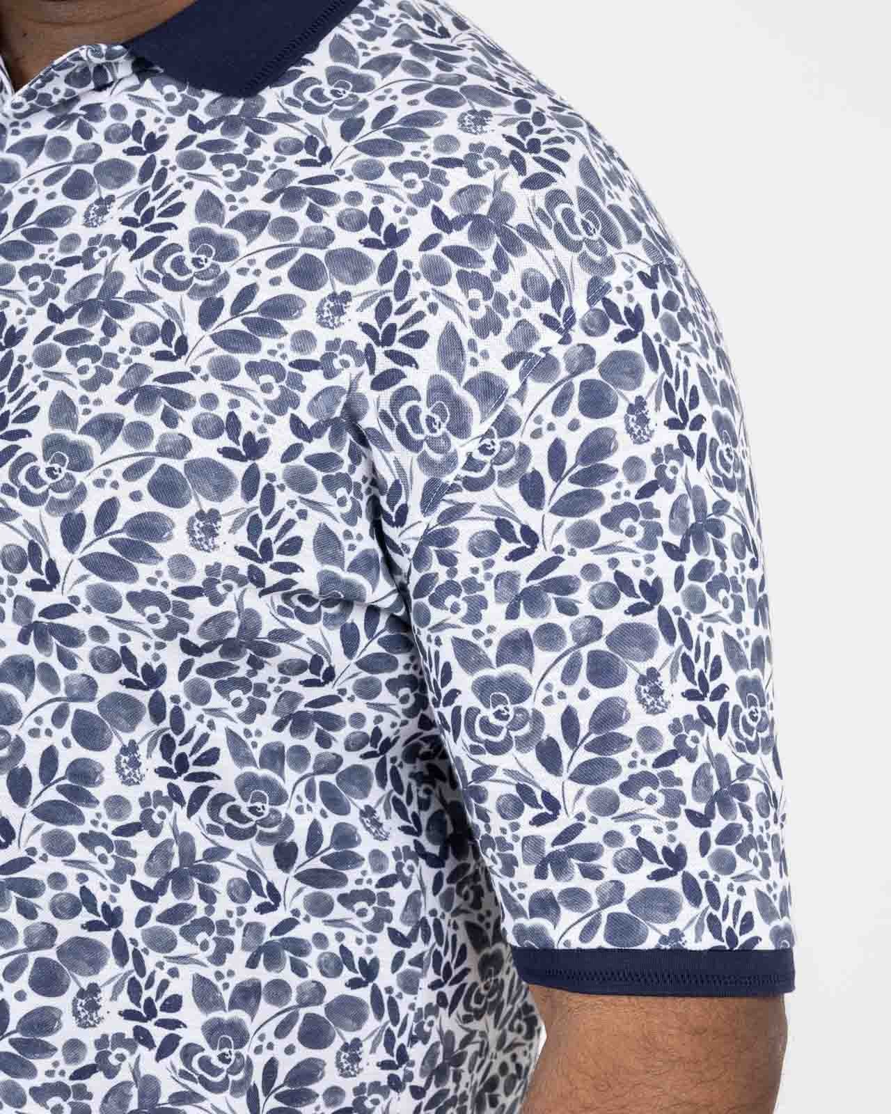 Polo piqué fleuri grande taille bleu indigo