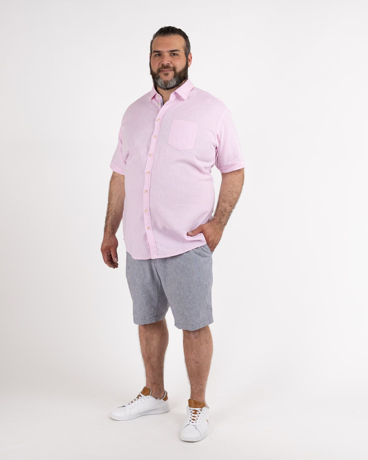 Short chino chambray rayé grande taille bleu