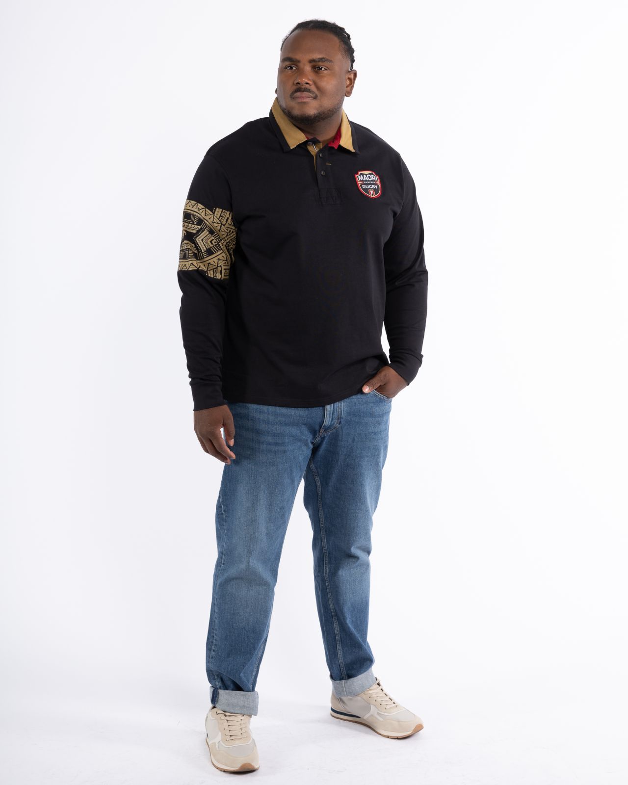 Polo manches longues jersey maori grande taille noir