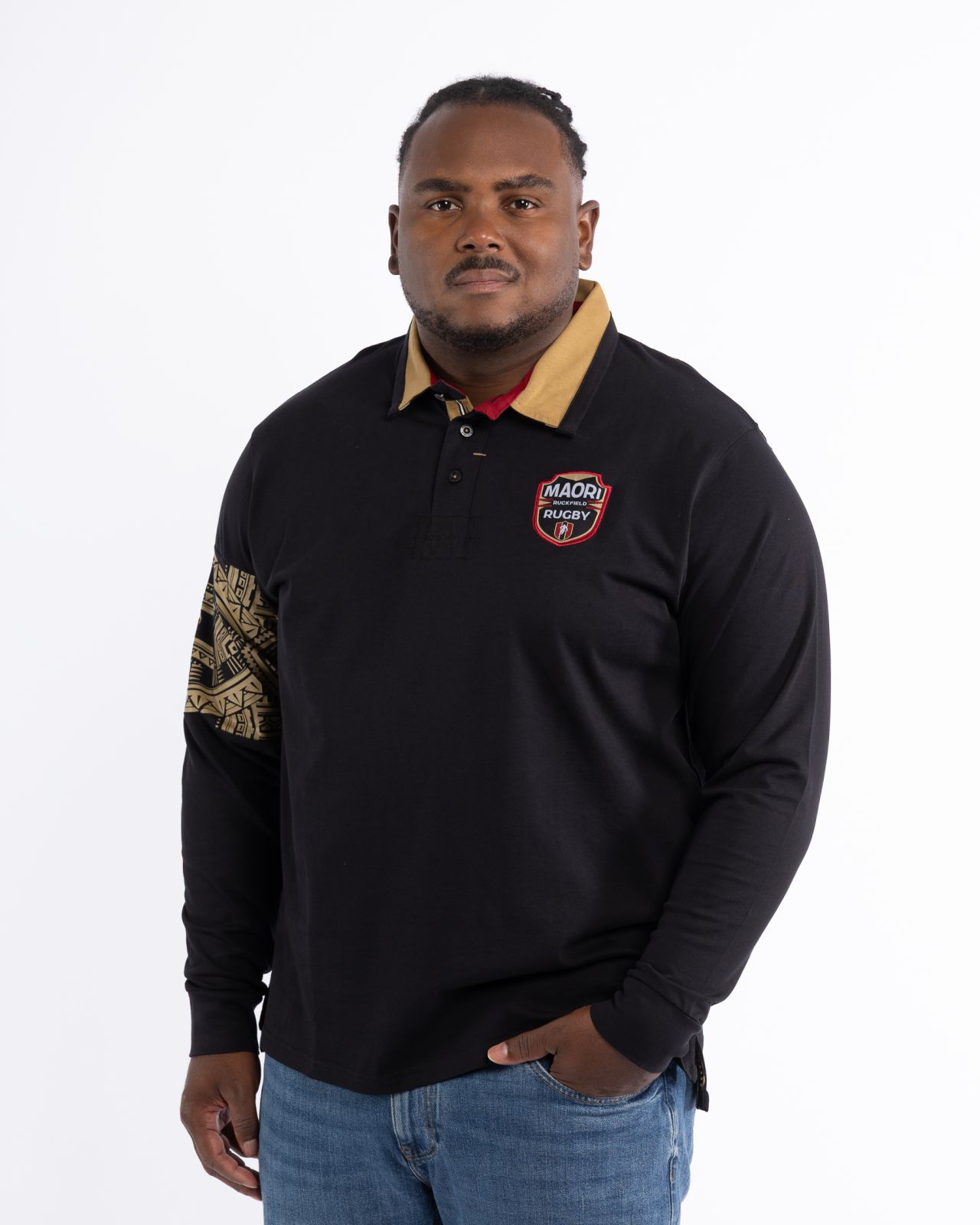 Polo manches longues jersey maori grande taille noir