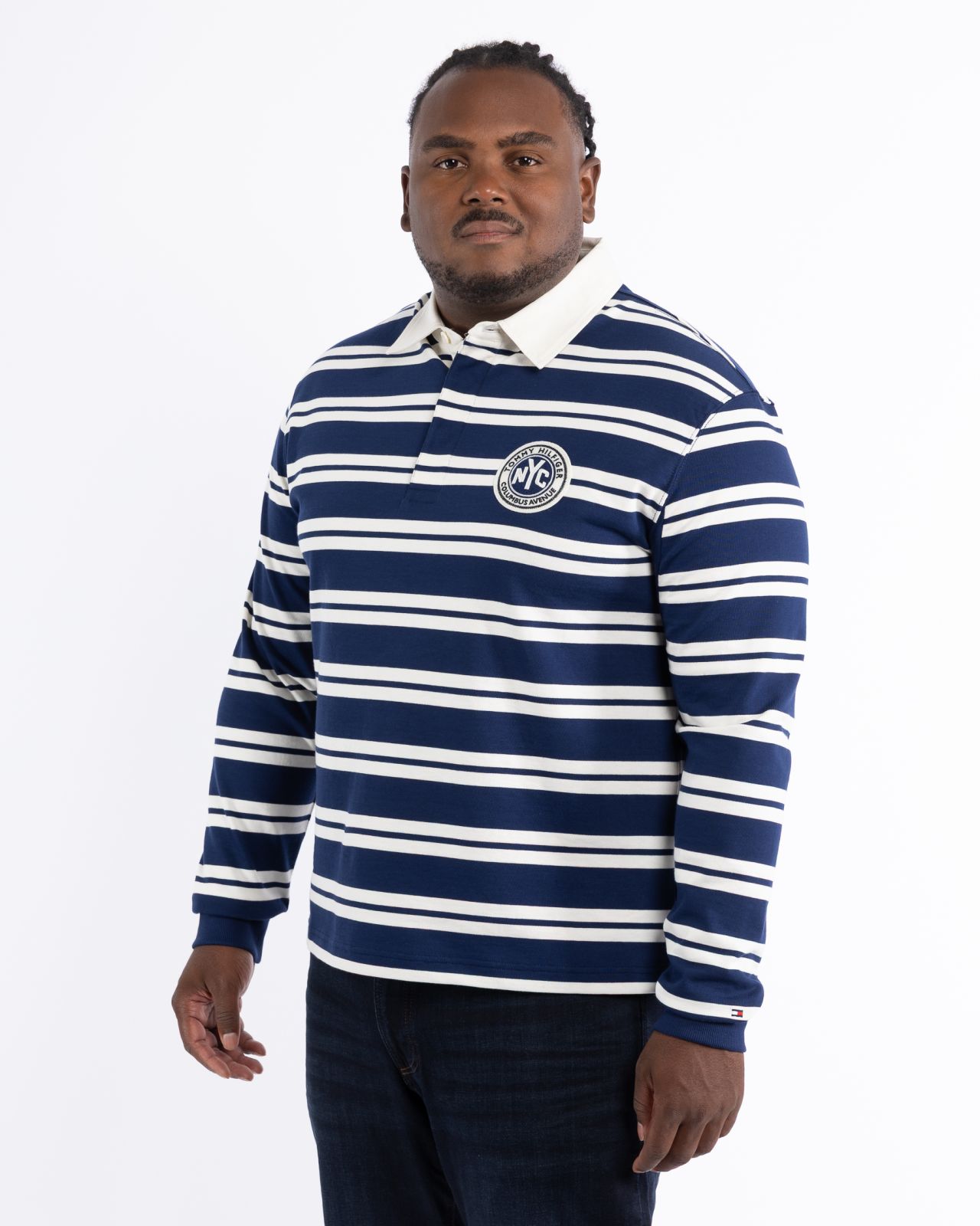 Polo manches longues grande taille rayé bleu marine