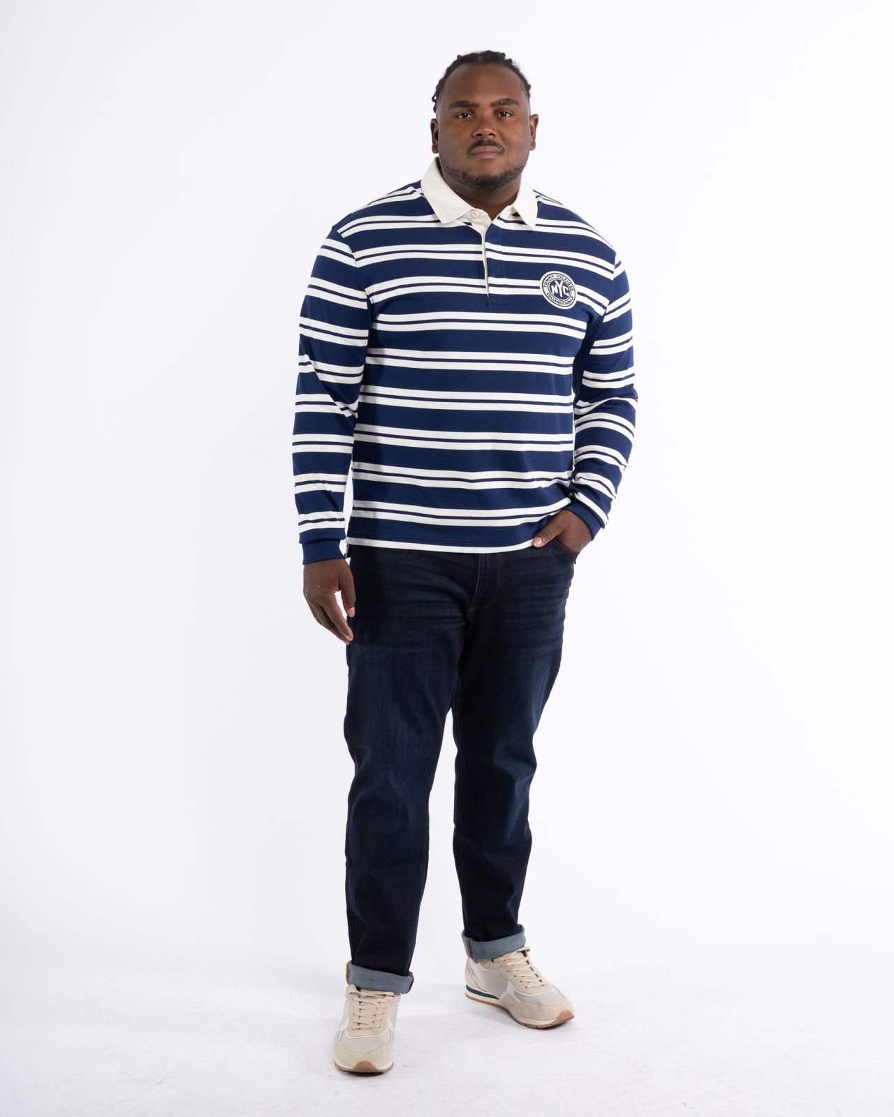 Polo manches longues grande taille rayé bleu marine