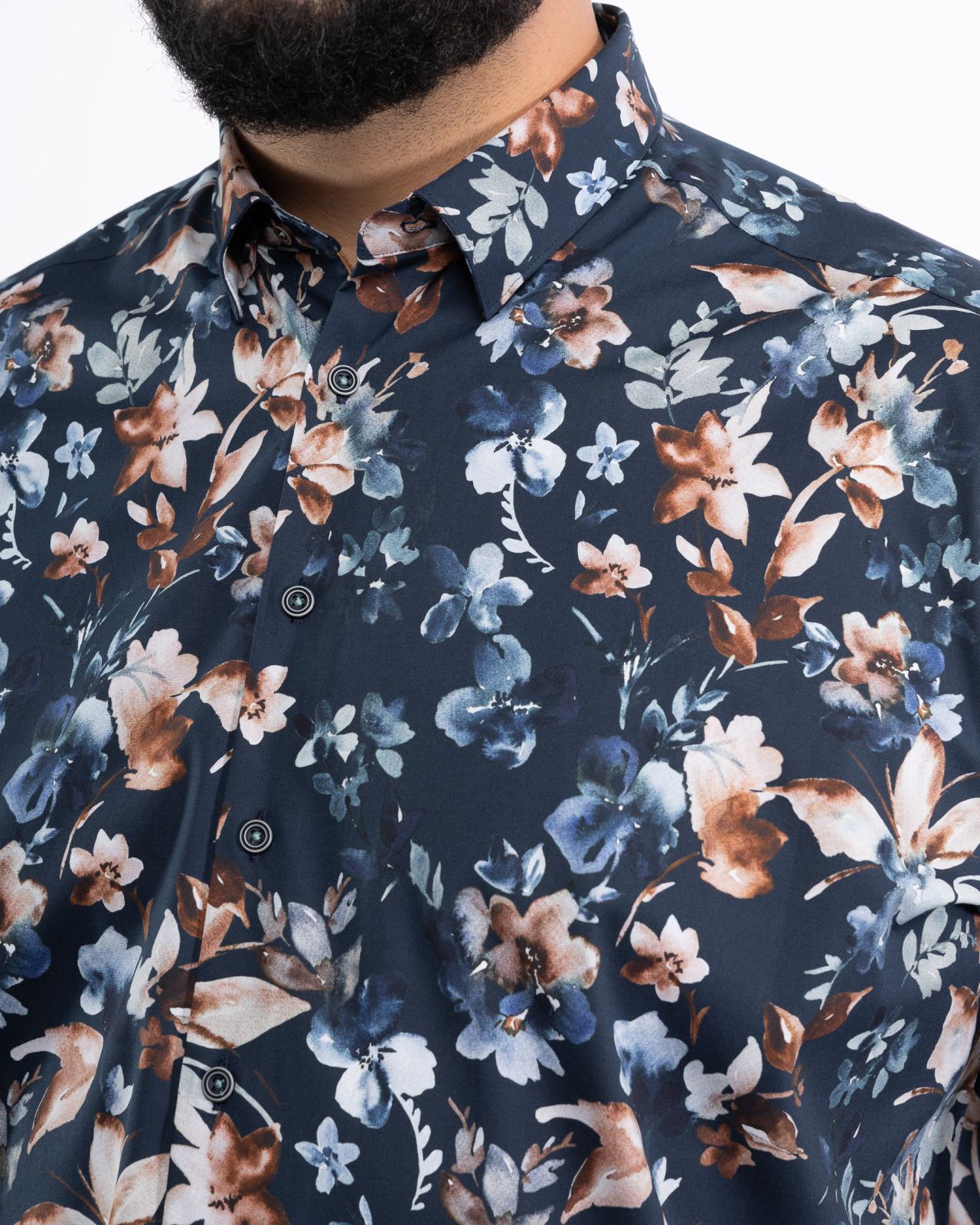 Chemise à fleurs facile à repasser grande taille bleu marine