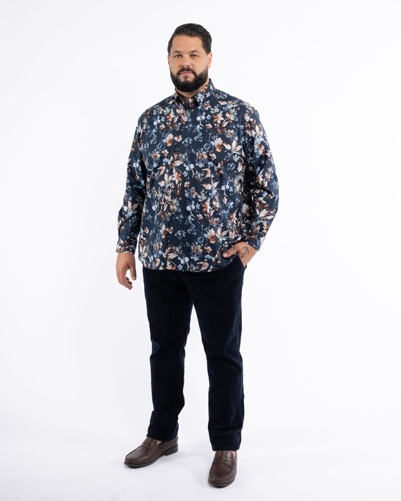 Chemise à fleurs facile à repasser grande taille bleu marine