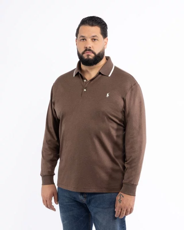 Polo manches longues interlock chiné grande taille marron