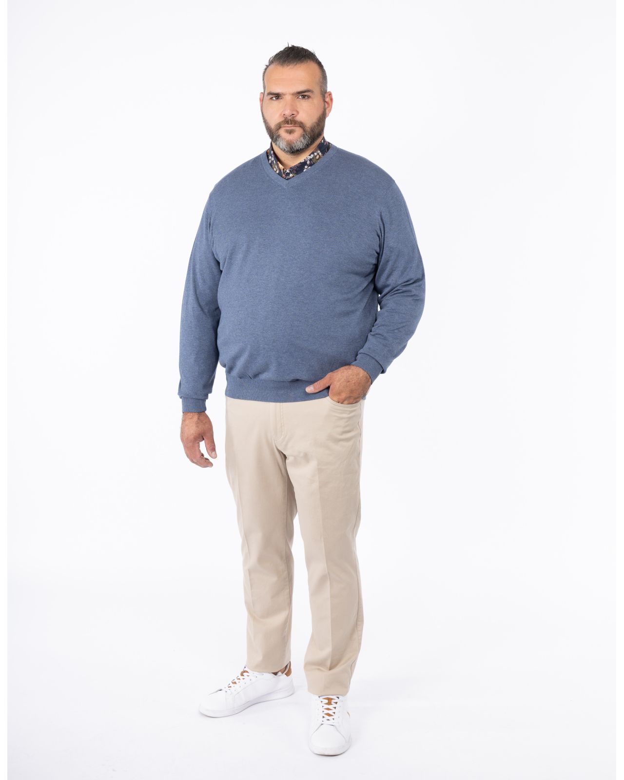 Pull col V grande taille bleu indigo