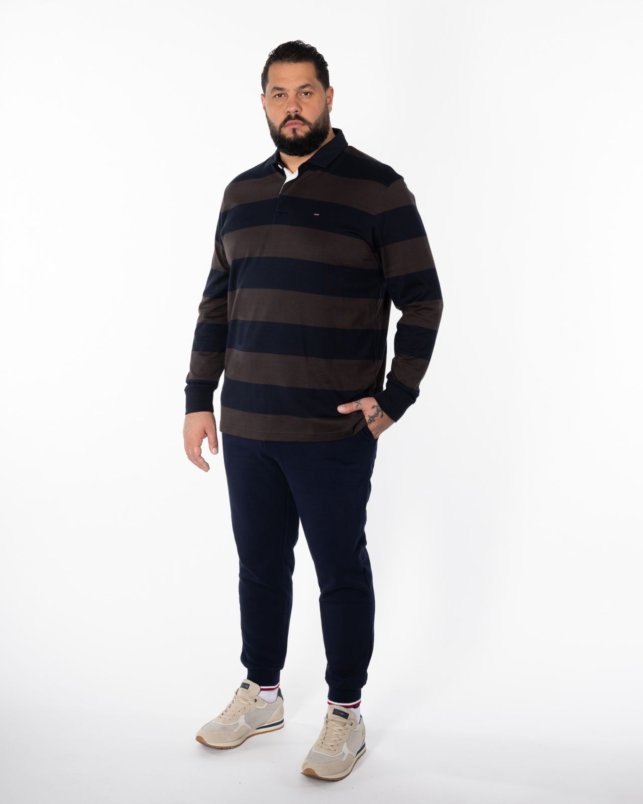 Polo manches longues jersey à rayures grande taille marron