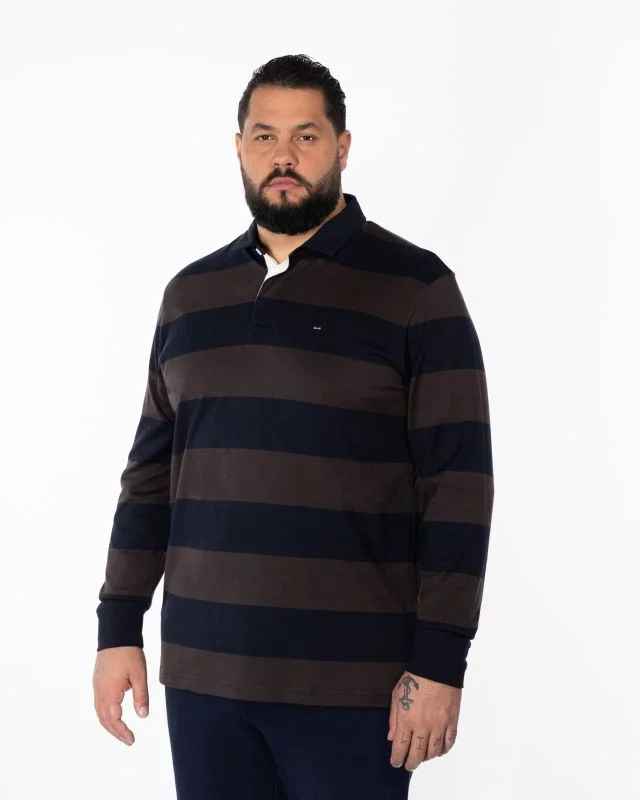 Polo manches longues jersey à rayures grande taille marron