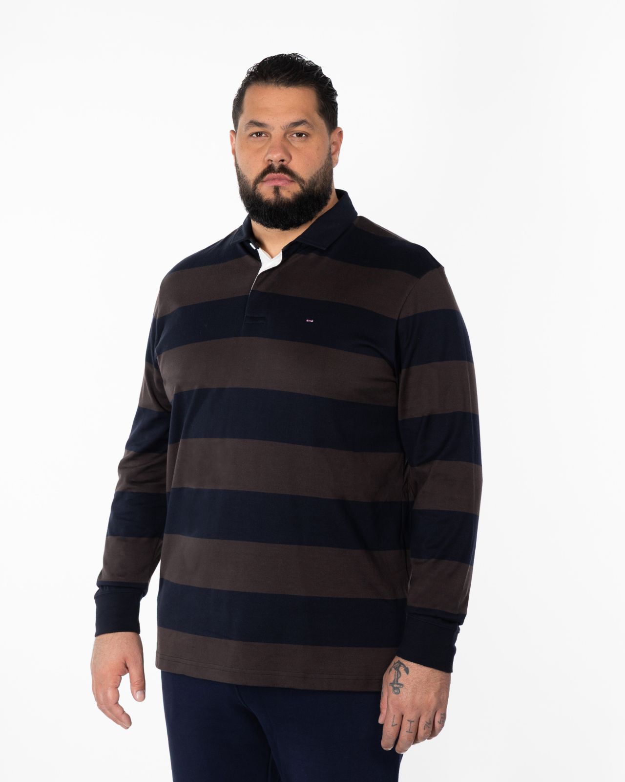 Polo manches longues jersey à rayures grande taille marron