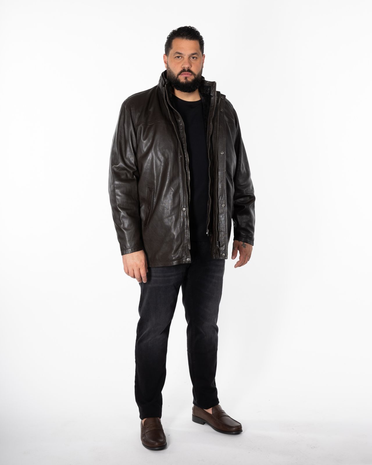 Parka en cuir 2 en 1 grande taille marron