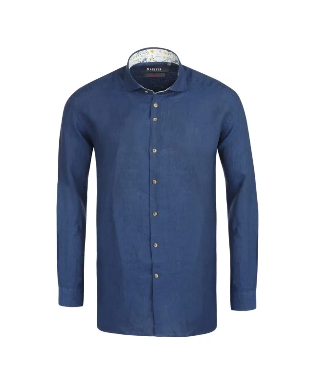 Chemise en lin bleu cintrée: manches extra-longues 72cm