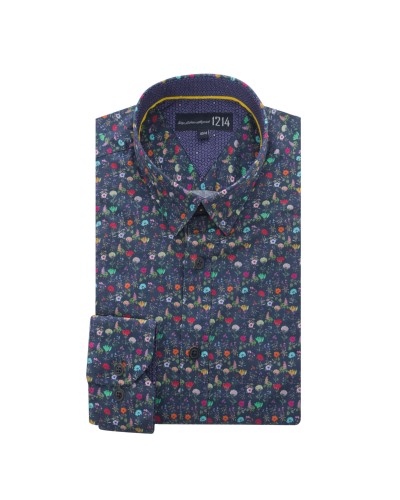 Chemise cintrée à fleurs 1214 manches extra-longues 72 cm bleu marine