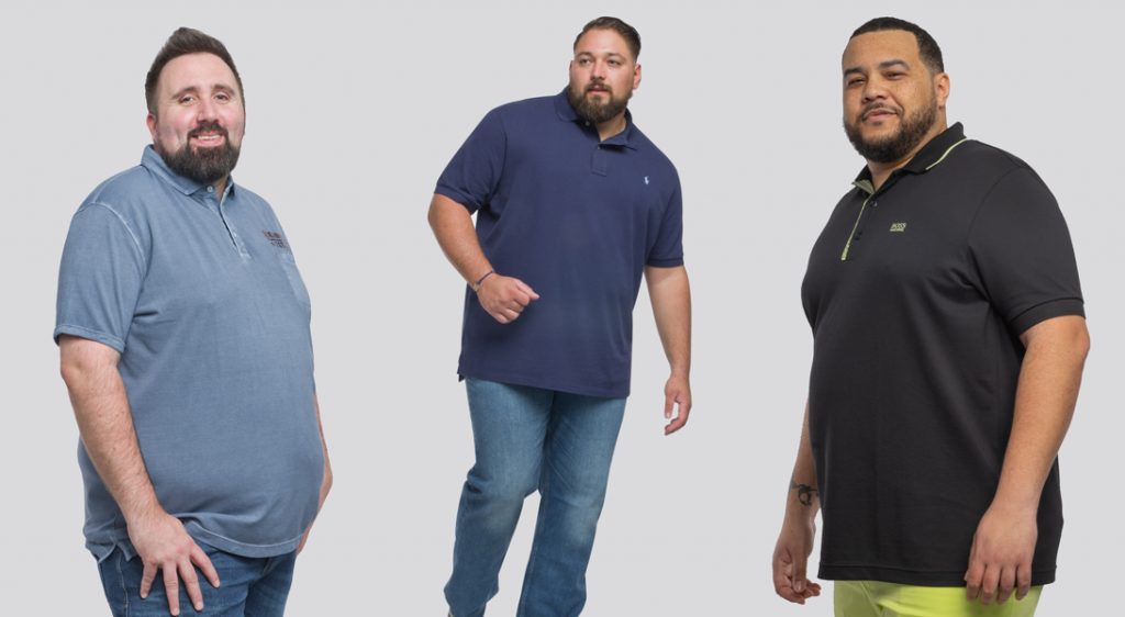 Trois hommes, trois façons de porter le polo grande taille. 