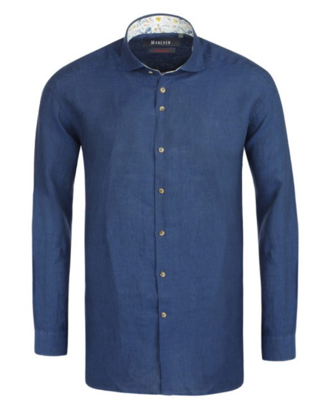 Chemise en lin cintrée Maneven manches extra-longues 72 cm bleue