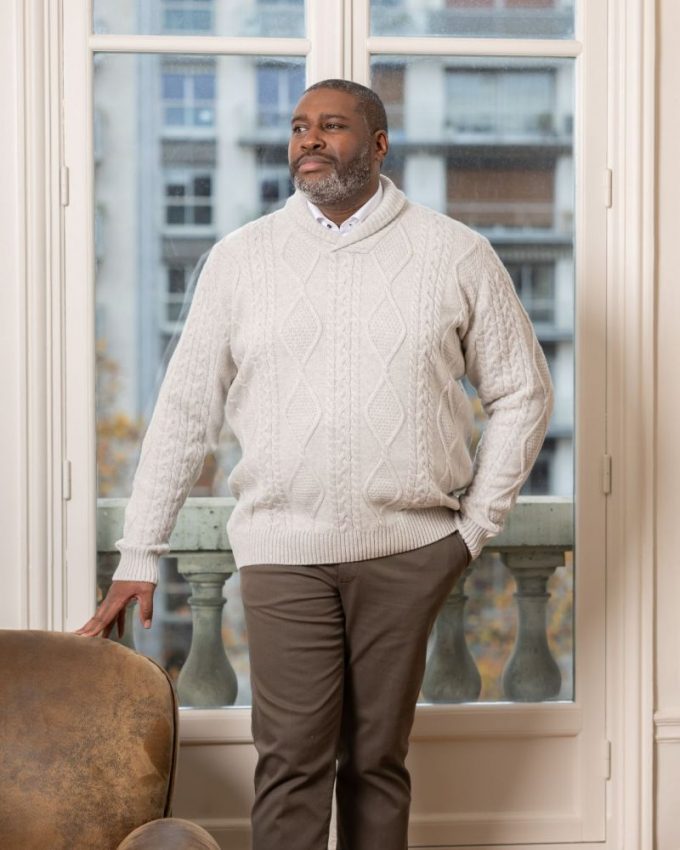 Un pull col chale en laine pour un cadeau de Noël pour homme grande taille