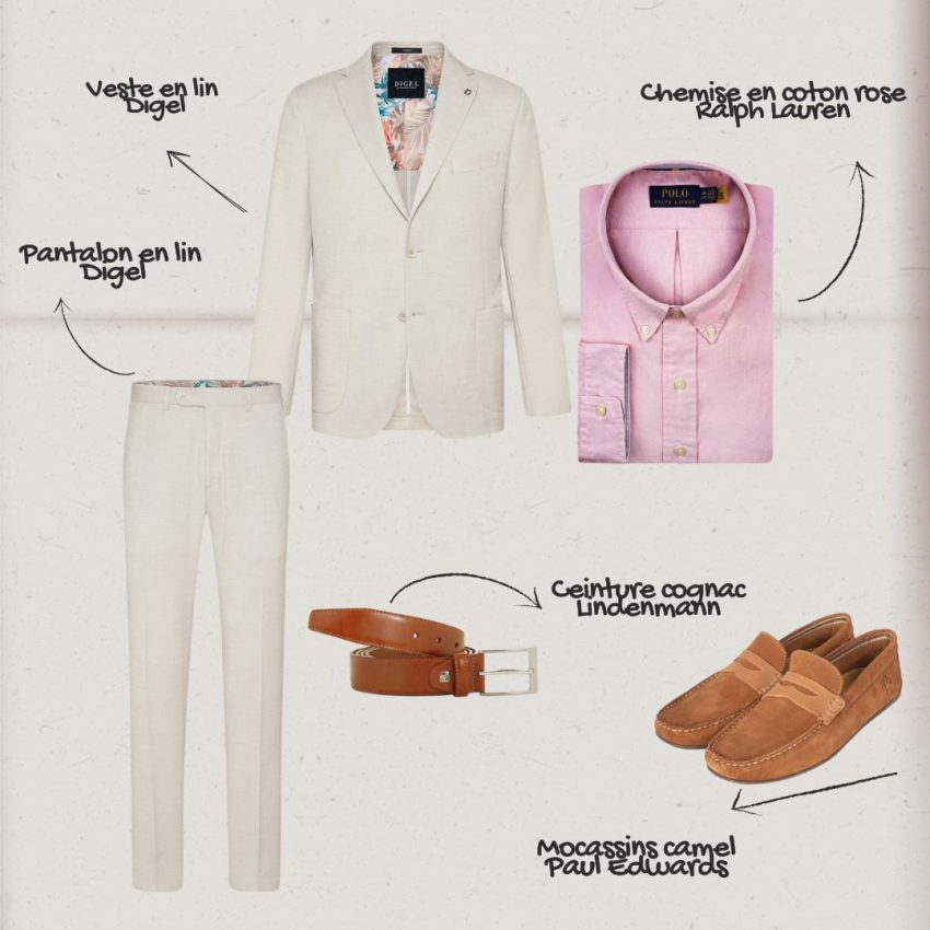 Idée de look avec un costume beige homme grande taille en été